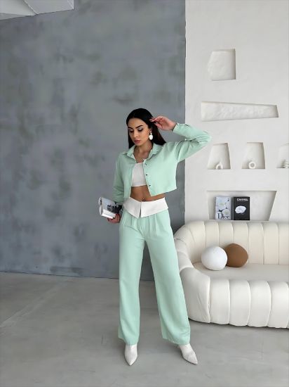 KETEN GÖMLEK-CROP-SALAŞ PANTOLON TAKIM - Mint resmi